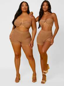 SHEIN SXY 1入組圓形扣環短款針織抹胸上衣 - 駝色 - 查看 3