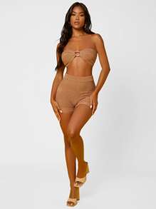 SHEIN SXY 1入組圓形扣環短款針織抹胸上衣 - 駝色 - 查看 4