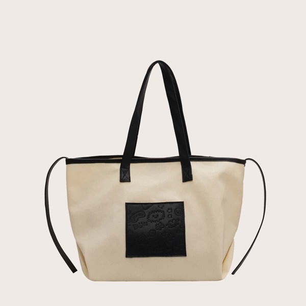 

Two Tone Cartoon Graphic Shoulder Tote Bag, Beige