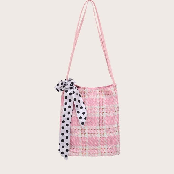 

Scarf Decor Plaid Shoulder Bag, Pink
