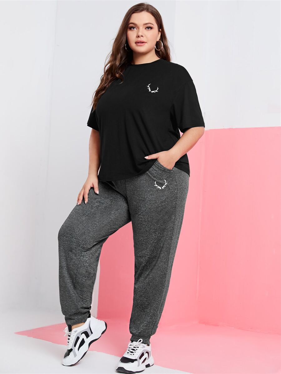 Mulvari 大碼鹿角圖案落肩T恤和結飾前衛褲 - 深灰色 - 查看 1