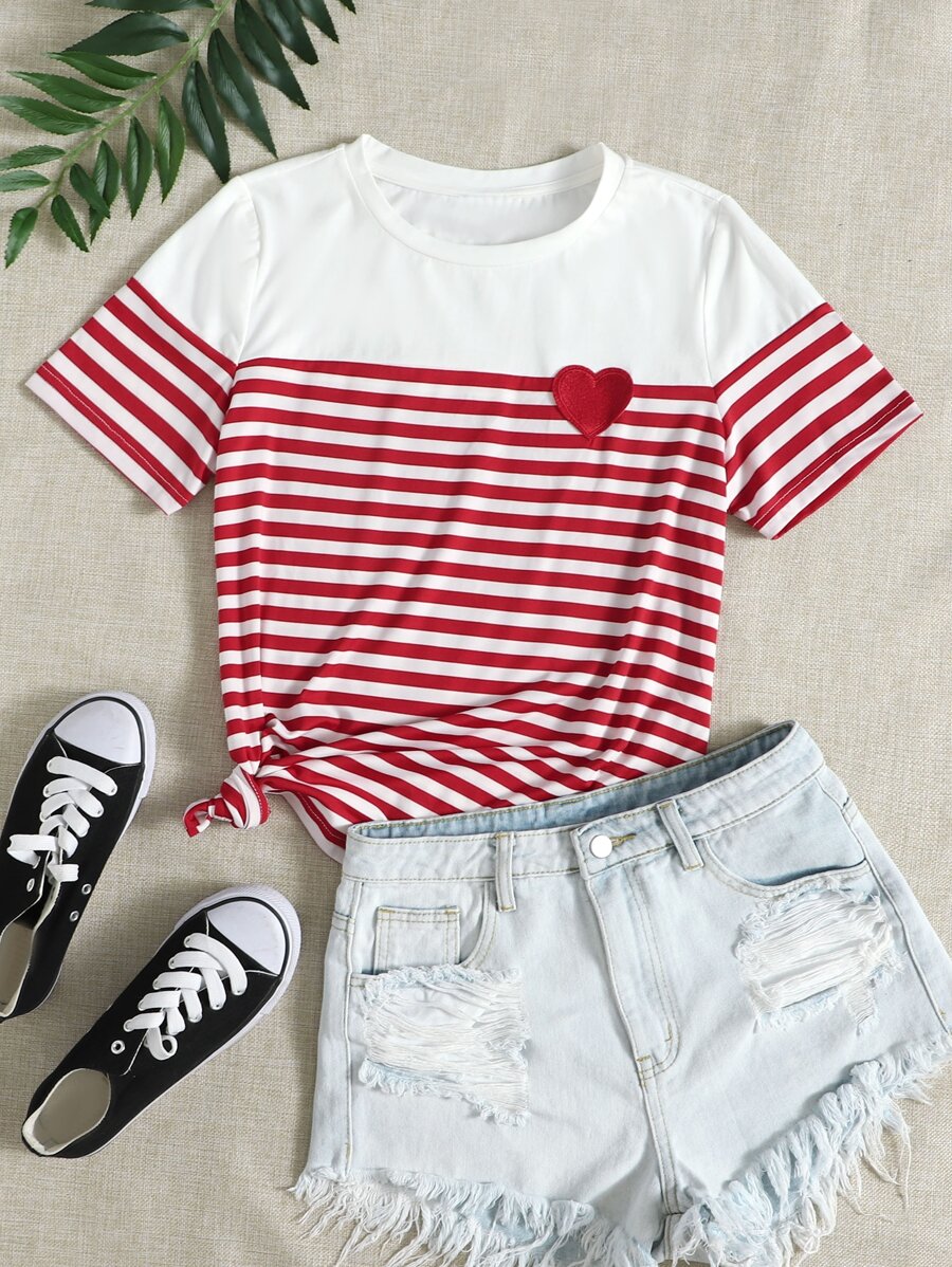Muchica 心形貼布條紋T恤 - 紅白色 - 查看 1