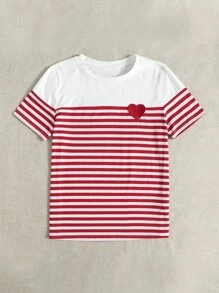 Muchica 心形貼布條紋T恤 - 紅白色 - 查看 5