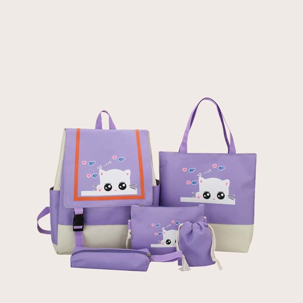 

5Pcs Cartoon Graphic Buckle Decor Bag Set, Purple