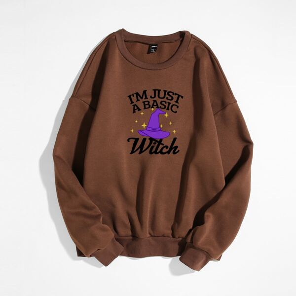 

Halloween Slogan Graphic Oversized Sweatshirt, Coffee brown