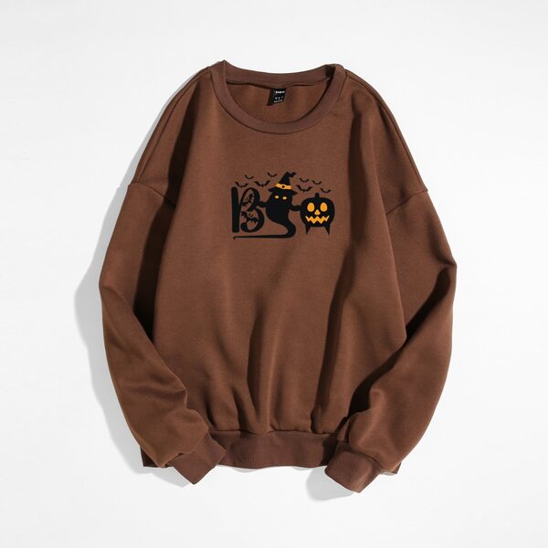

Halloween Print Drop Shoulder Thermal Lined Sweatshirt, Coffee brown