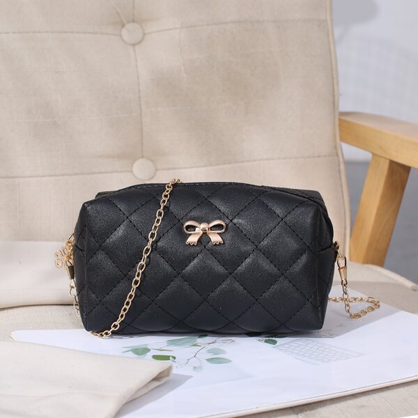 

Quilted Embossed Bow Decor Chain Bag, Black