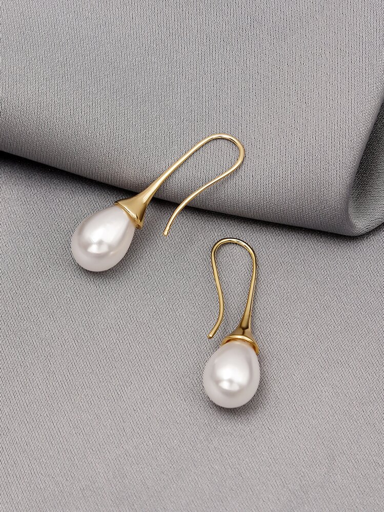 假珍珠裝飾的掛墜耳環 - 金黃色 - 查看 3