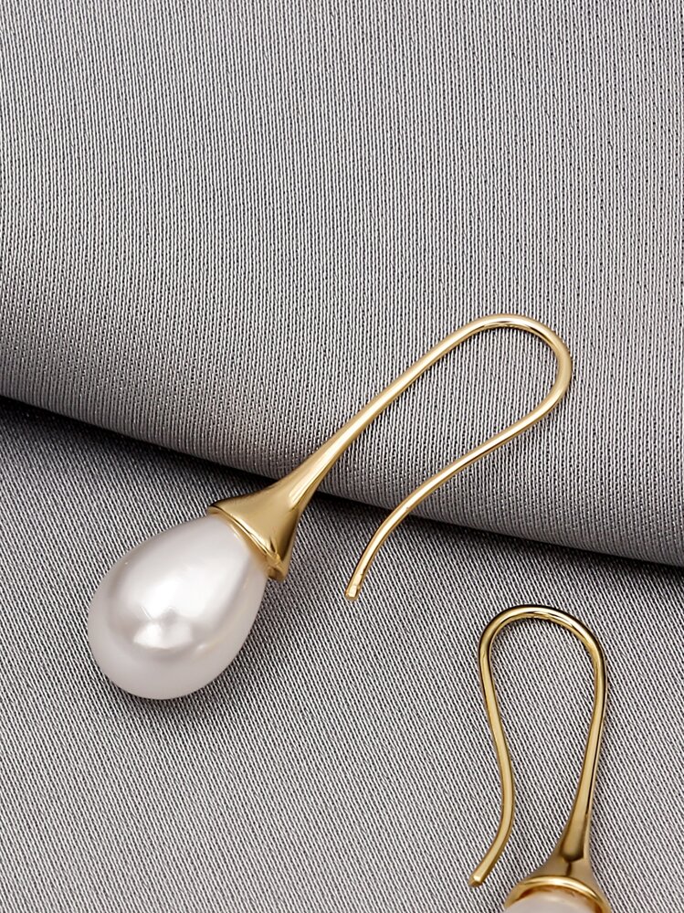 假珍珠裝飾的掛墜耳環 - 金黃色 - 查看 5