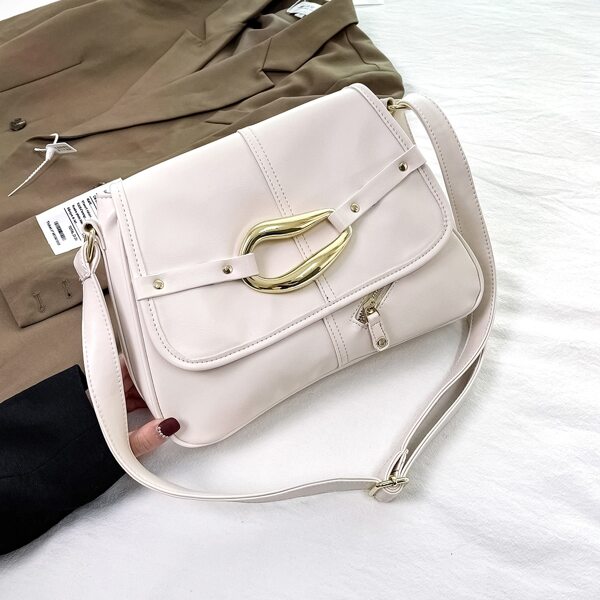 

Metal Decor Flap Crossbody Bag, White