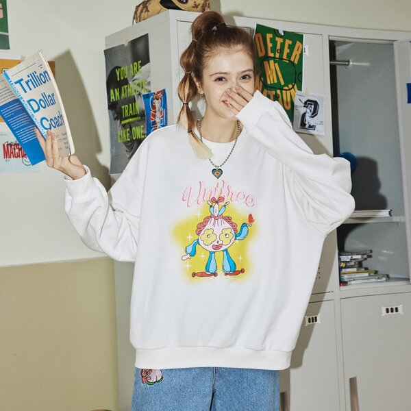 

Cartoon & Letter Graphic Drop Shoulder Pullover, White