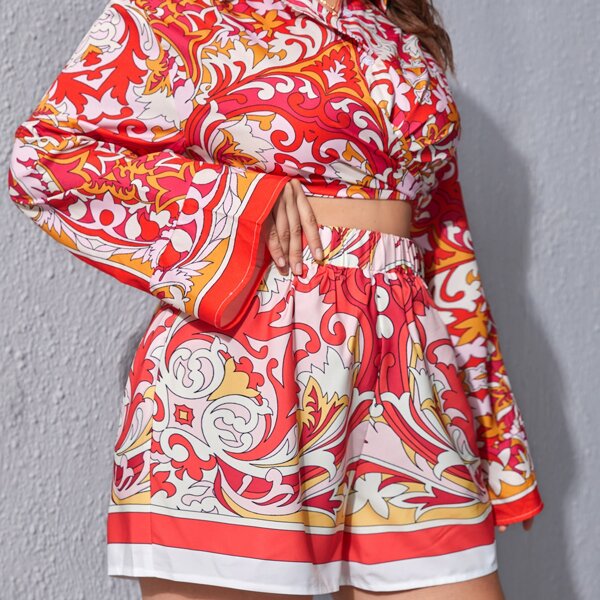 

Plus Scroll Print Wide Leg Shorts, Multicolor
