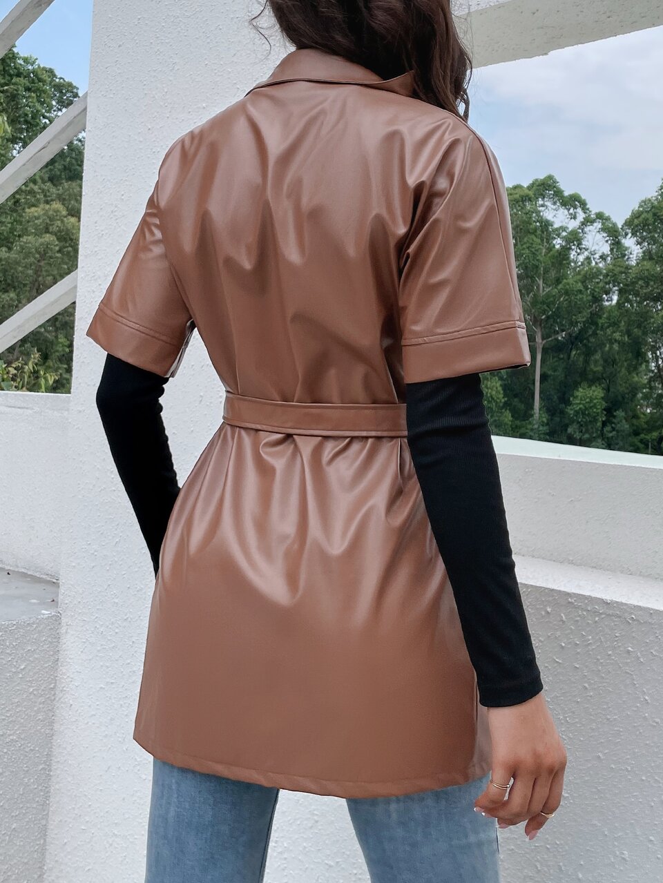 Flap Pocket Buckled Belted PU Leather Coat Without Top