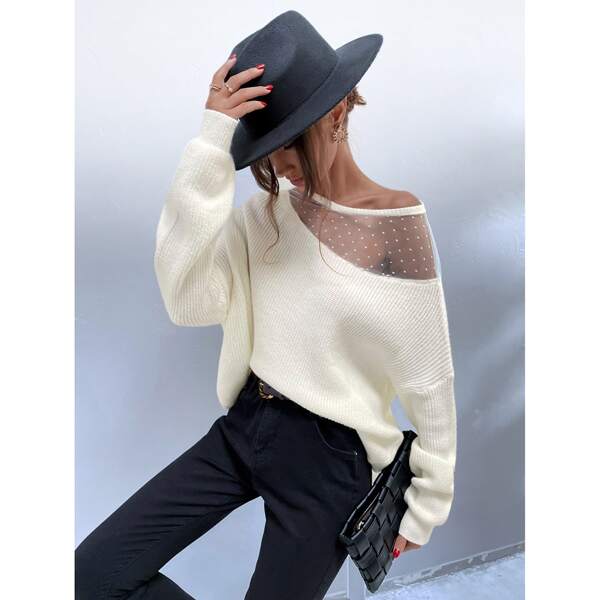 

Solid Rib Knit Contrast Mesh Sweater, Beige