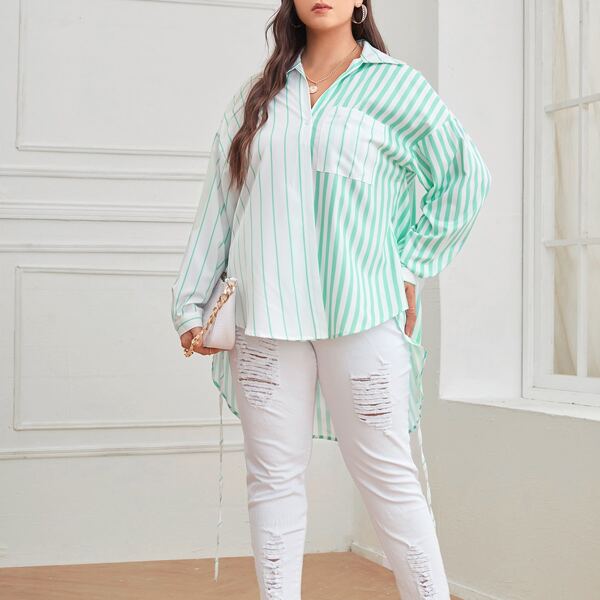 

Plus Striped Pocket Patched Blouse, Multicolor