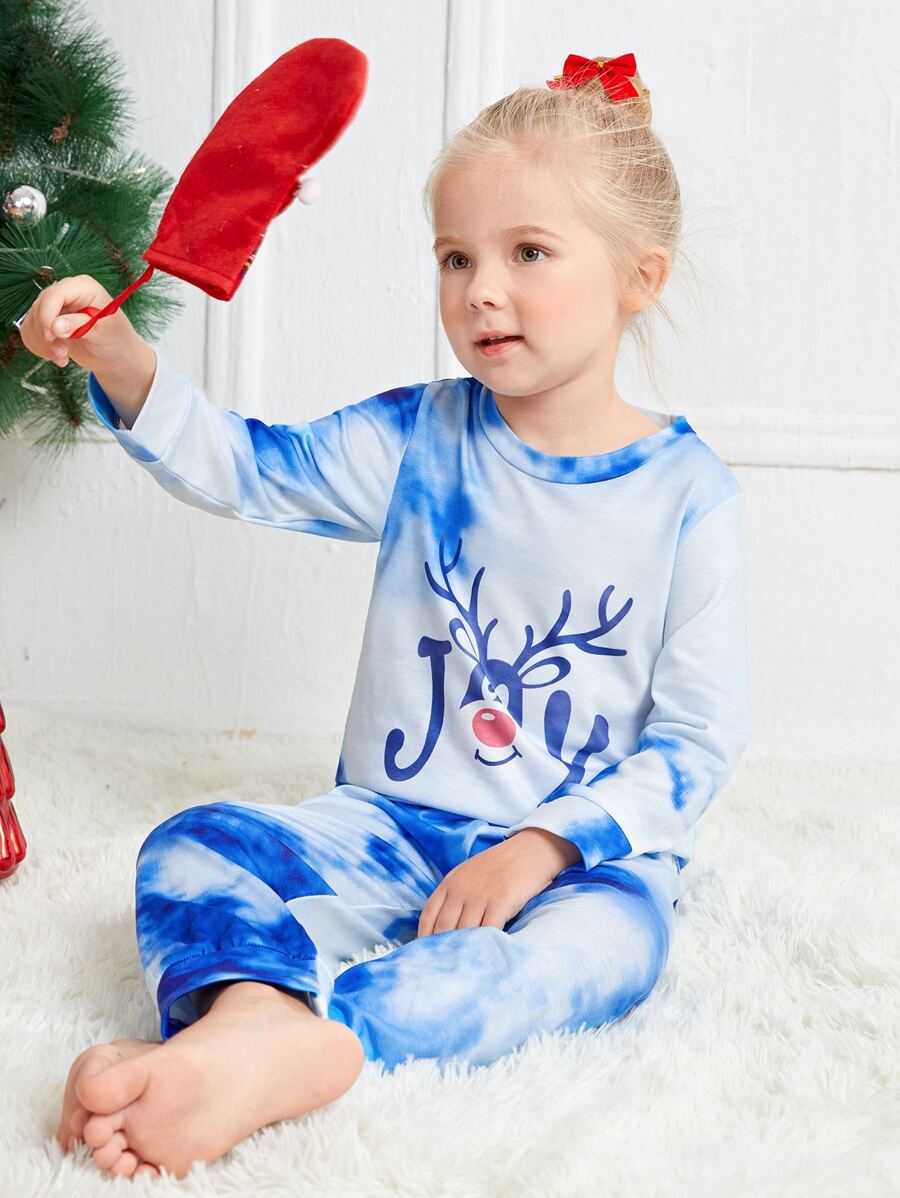 女孩聖誕圖案紮染上衣和長褲睡衣套裝 - 藍白色 - 查看 1