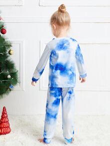 女孩聖誕圖案紮染上衣和長褲睡衣套裝 - 藍白色 - 查看 2