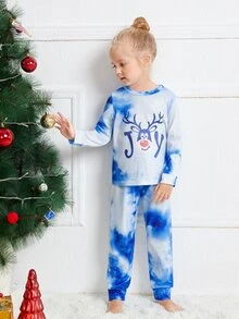 女孩聖誕圖案紮染上衣和長褲睡衣套裝 - 藍白色 - 查看 3