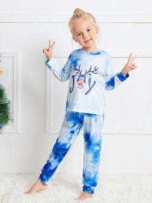 女孩聖誕圖案紮染上衣和長褲睡衣套裝 - 藍白色 - 查看 4