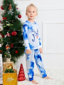 女孩聖誕圖案紮染上衣和長褲睡衣套裝 - 藍白色 - 查看 5