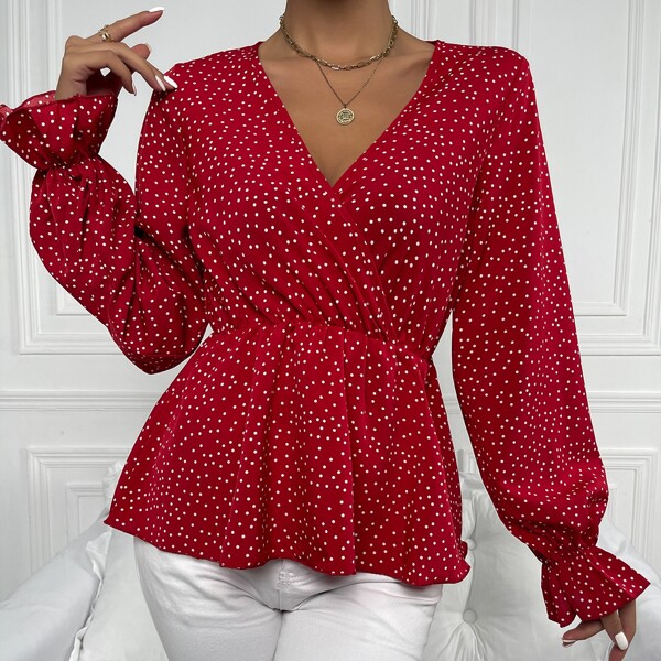 

Polka Dot Flounce Sleeve Overlap Collar Peplum Hem Blouse, Red