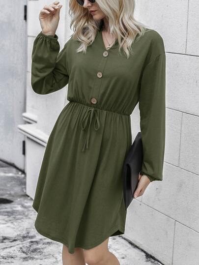 Single Button Drop Shoulder Knot Front Dress