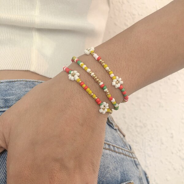 

3pcs Simple Beaded Bracelet, Multicolor