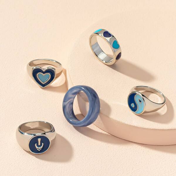 

5pcs Yin & Yang & Heart Decor Ring, Multicolor