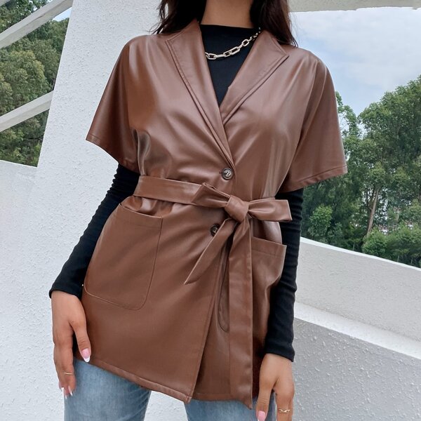 

Batwing Sleeve Patched Pocket Belted PU Leather Coat Without Top, Brown