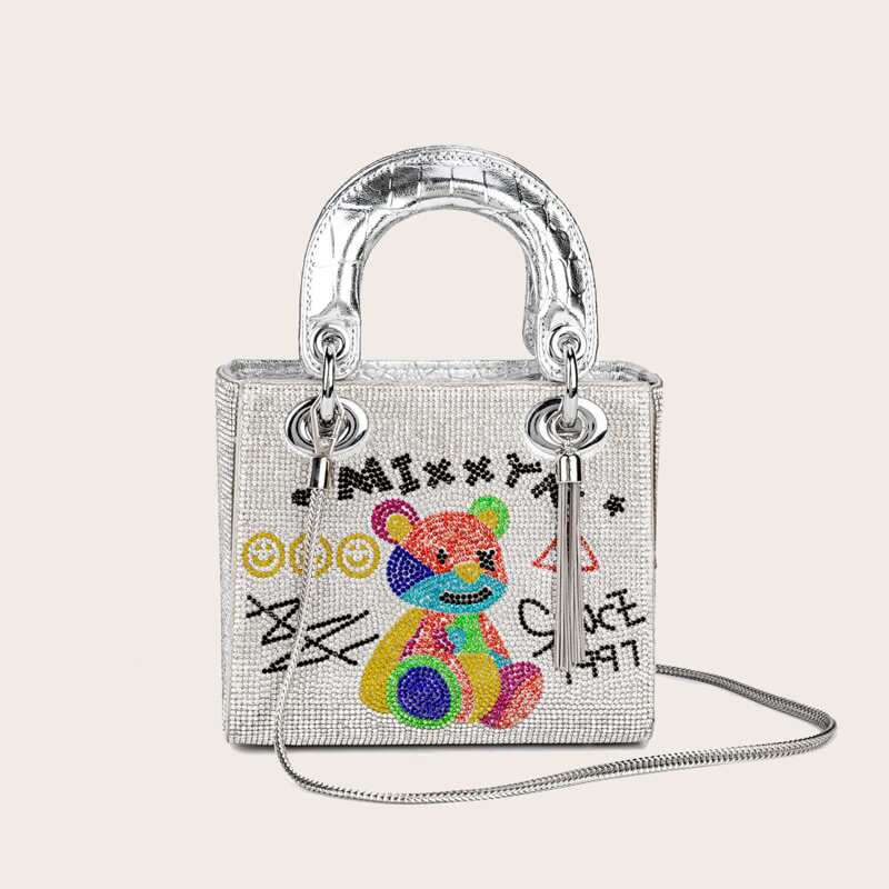 

Glitter Cartoon Bear Graphic Square Bag, Multicolor