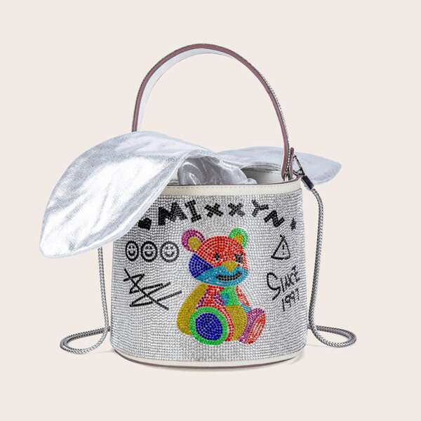 

Glitter Cartoon Bear Graphic Bucket Bag, Multicolor