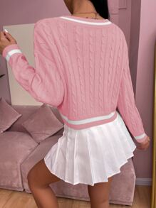 SHEIN Unity 條紋圖案邊麻花編織套頭毛衣 - 淺粉色 - 查看 2