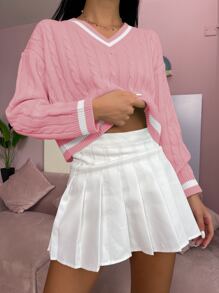 SHEIN Unity 條紋圖案邊麻花編織套頭毛衣 - 淺粉色 - 查看 3