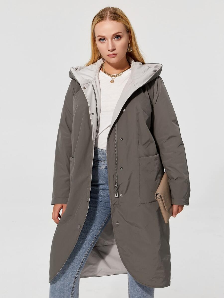 Plus Size Pocket Front Hooded Belted Padded Coat - Dark Grey - View 1
