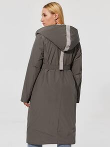 Plus Size Pocket Front Hooded Belted Padded Coat - Dark Grey - View 2