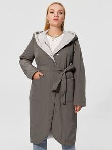Plus Size Pocket Front Hooded Belted Padded Coat - Dark Grey - View 5