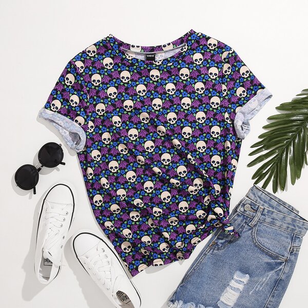 

Plus Allover Skull Print Tee, Multicolor