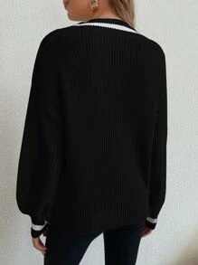Chiquease Ribbed Knit Drop Shoulder Cricket Jumper - Black - View 2