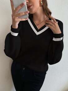 Chiquease Ribbed Knit Drop Shoulder Cricket Jumper - Black - View 3