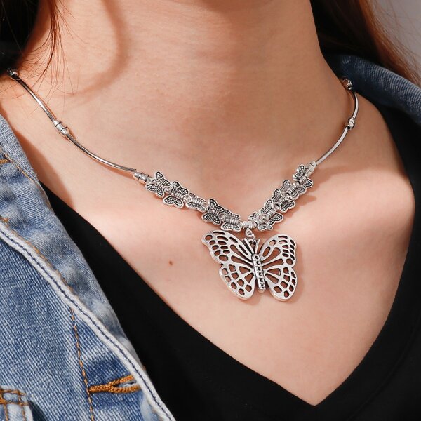 

Butterfly Charm Necklace, Antique silver