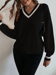 Chiquease Ribbed Knit Drop Shoulder Cricket Jumper - Black - View 4
