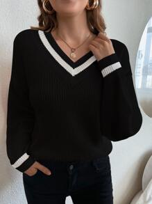 Chiquease Ribbed Knit Drop Shoulder Cricket Jumper - Black - View 5