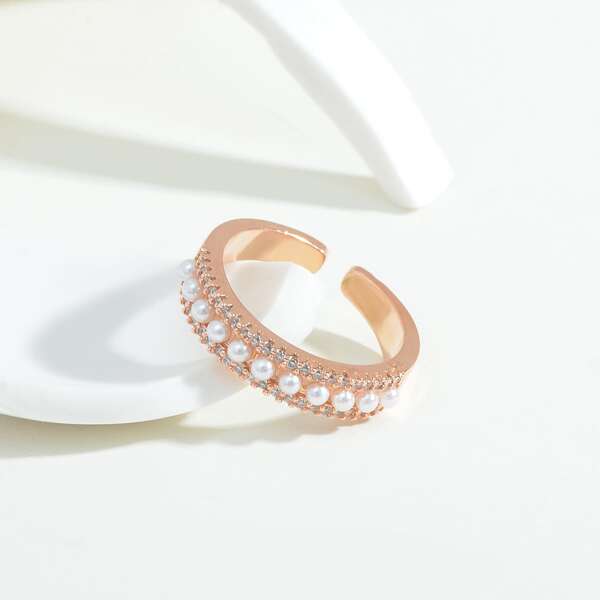 

18K Gold Plated Zircon Decor Cuff Ring, Rose gold