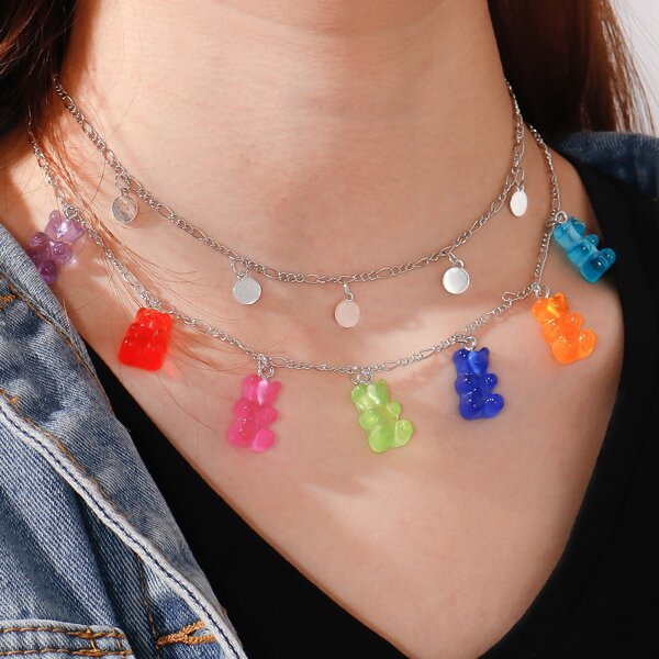 

Bear Charm Layered Necklace, Multicolor