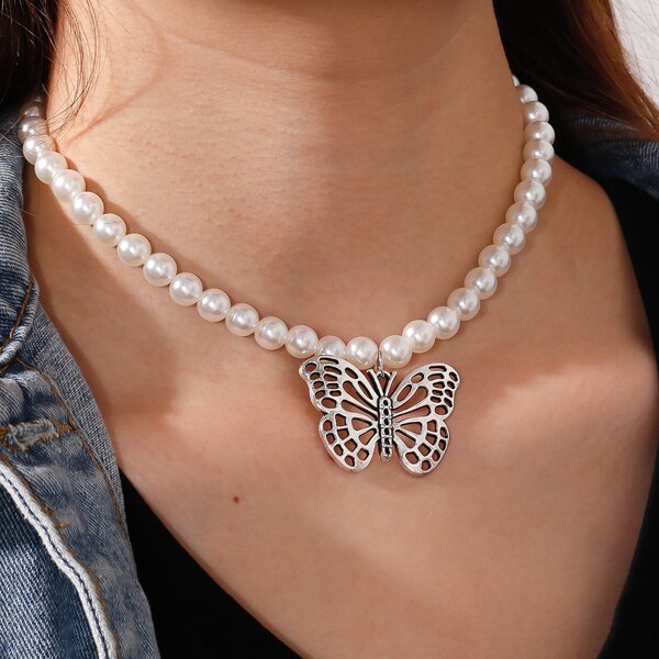 

Butterfly Charm Faux Pearl Beaded Necklace, Antique silver