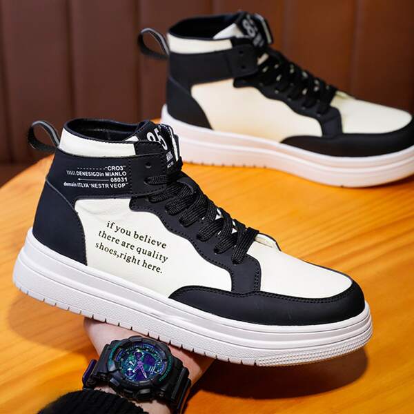 

Men Letter Graphic Lace-up Front High Top Sneakers, Beige