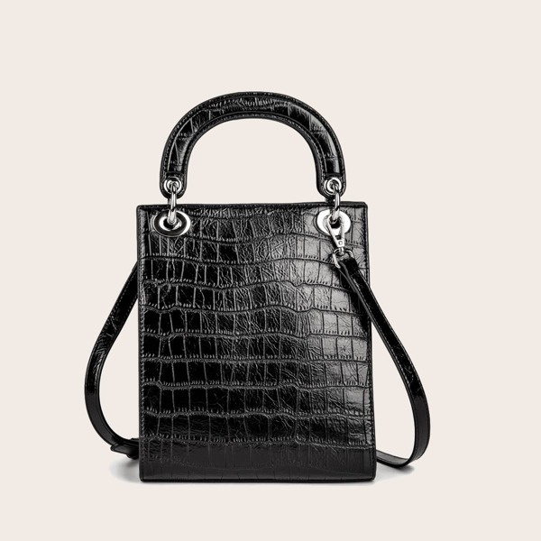 

Croc Embossed Square Bag, Black