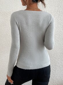 SHEIN Essnce Jersey unicolor tejido de canalé de cuello V - Gris Claro - Ver 2