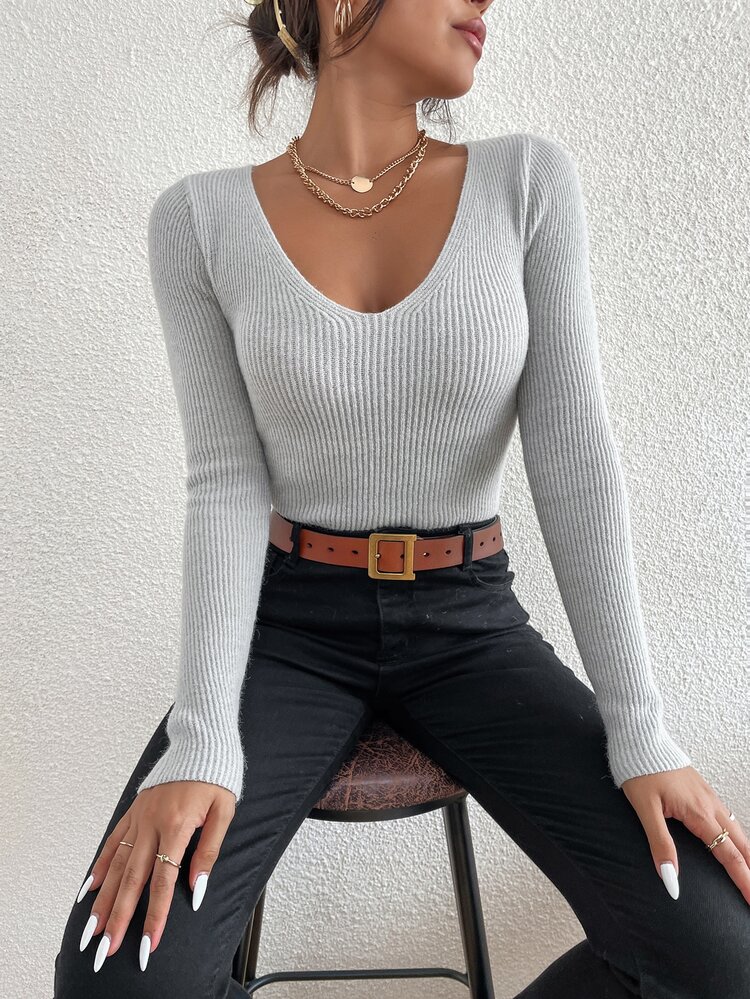 SHEIN Essnce Solid Rib Knit V Neck Sweater - Light Grey - View 4