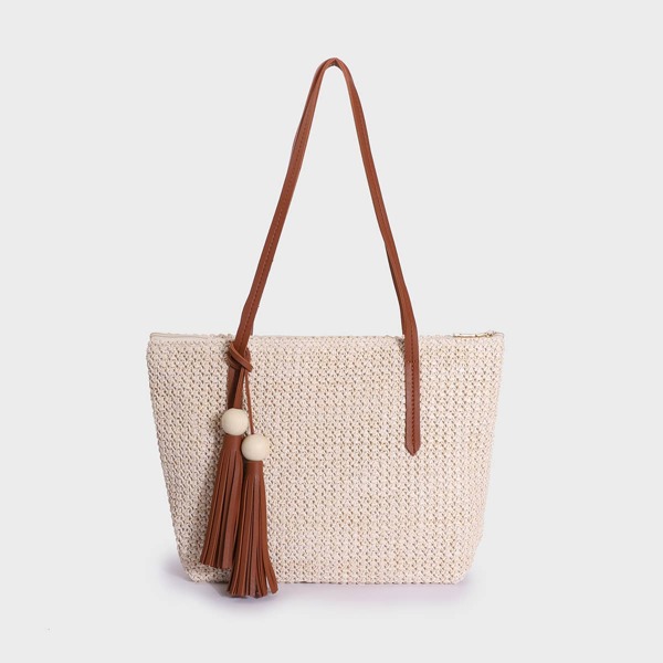 

Tassel Decor Braided Detail Tote Bag, Beige